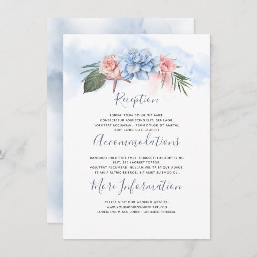 Dusty Blue Beach Bruiloft Informatie Gast Informatiekaartje (Voorkant / Achterkant)