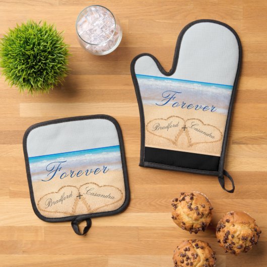 Dusty Blue Beach Bruiloft / Jubileum Harten Zand Ovenwant & Pannenlap Set (Top down)