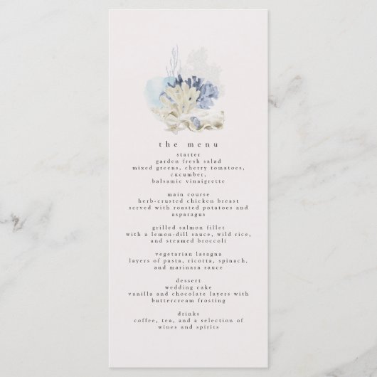 Dusty Blue Beach Bruiloft Receptie Diner Menu (Voorkant)