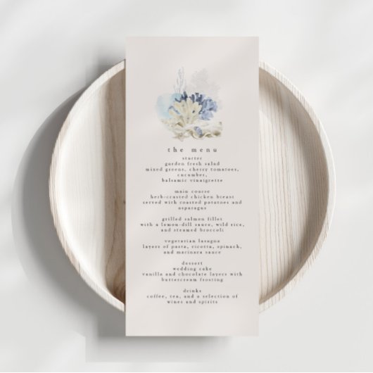 Dusty Blue Beach Bruiloft Receptie Diner Menu