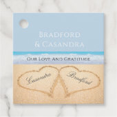Dusty Blue Beach Wedding 2 Harten in de zand Bedankjes Labels (Voorkant)