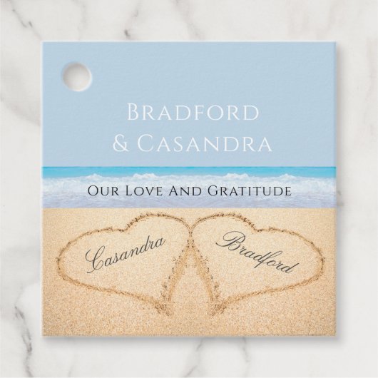 Dusty Blue Beach Wedding 2 Harten in de zand Bedankjes Labels (Voorkant)