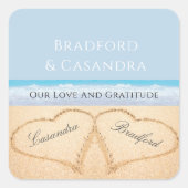 Dusty Blue Beach Wedding 2 Harten in de zand Vierkante Sticker (Voorkant)