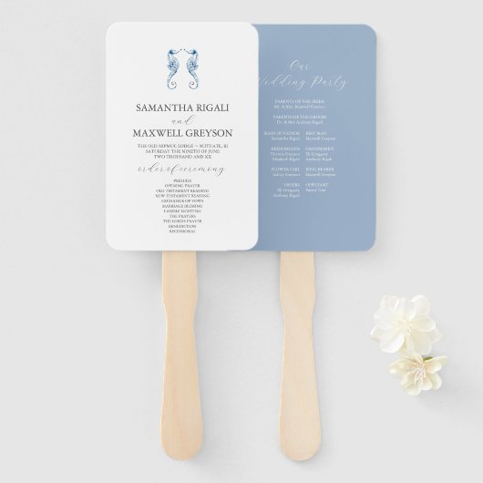 Dusty Blue Beach Wedding Program | Seahorses Handwaaier (Voorkant en achterkant)
