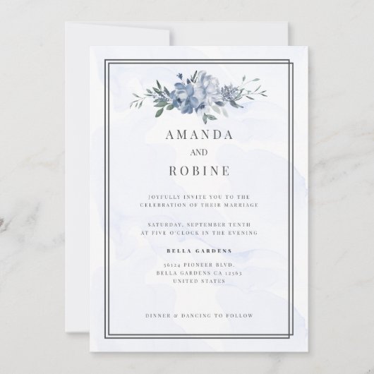 Dusty Blue & Beige Bloemen Huwelijksuitnodiging Kaart (Voorkant)