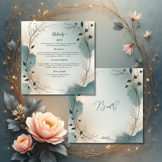 Dusty Blue Beige Boho Chic foliage wreath Wedding Informatiekaartje