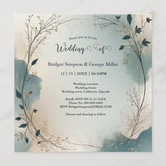 Dusty Blue Beige Boho Chic foliage wreath Wedding Kaart (Voorkant)