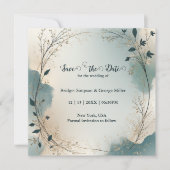 Dusty Blue Beige Boho Chic foliage wreath Wedding Save The Date (Voorkant)