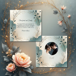 Dusty Blue Beige Boho foliage wreath Wedding photo Bedankkaart