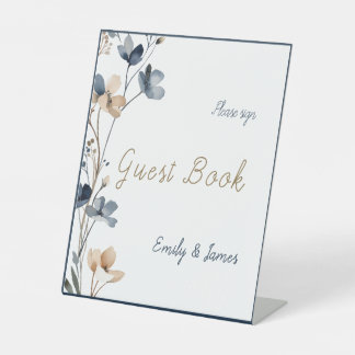 Dusty Blue Beige Botanical Modern Elegant Wedding Reclamebord Met Voetstuk