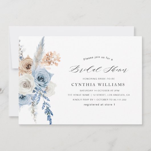 dusty blue beige floral pampas vrijgezellenfeest kaart (Voorkant)