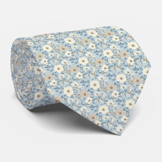 Dusty Blue Beige Floral Wedding Groom Groomsman Stropdas (Opgerold)