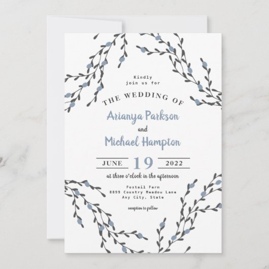 Dusty Blue Berry Wreath Wedding Invitation Kaart (Voorkant)
