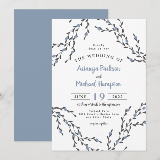 Dusty Blue Berry Wreath Wedding Invitation Kaart (Voorkant / Achterkant)