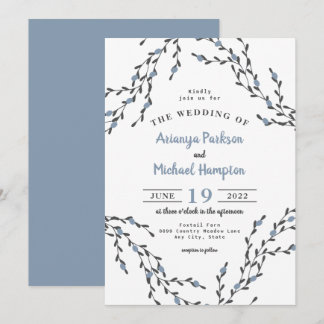 Dusty Blue Berry Wreath Wedding Invitation Kaart