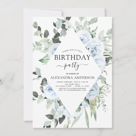 Dusty Blue Birthday Party Bloemenuitnodiging Kaart (Voorkant)