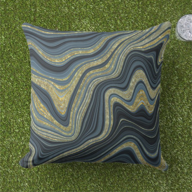 Dusty Blue Black en Gold Marble-kijkpatroon Buitenkussen (Gras)