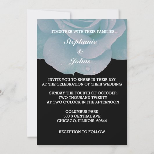 Dusty Blue Black Floral Roos Cool Elegant Wedding Kaart (Voorkant)