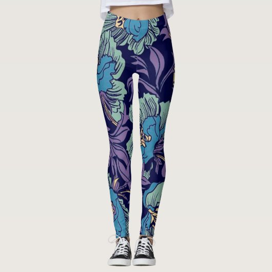  Dusty Blue, blauwgroen Rustic Floral Pattern Leggings (Voorkant)