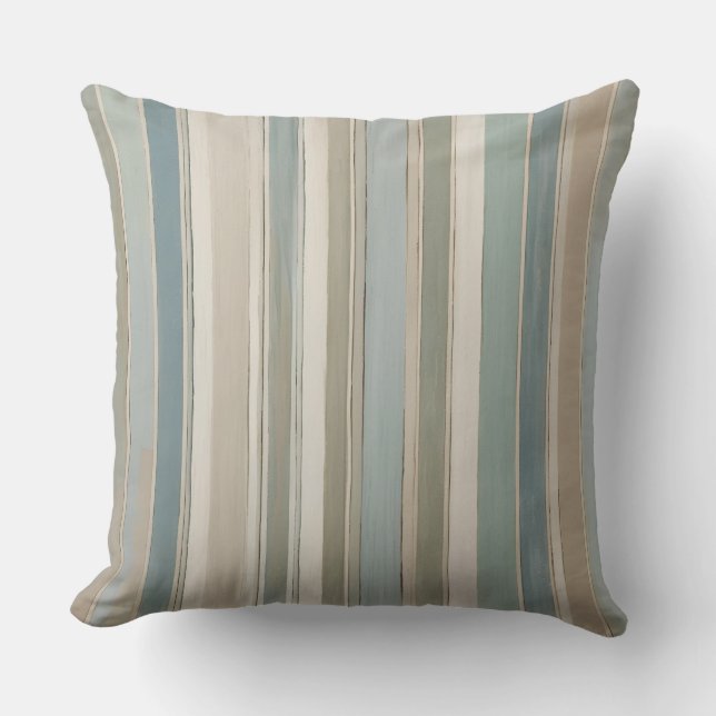 Dusty Blue Blauwgroen Sage Beige Stripe Kussen (Voorkant)