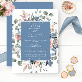 Dusty Blue Blissful Floral and Greenery Wedding Kaart