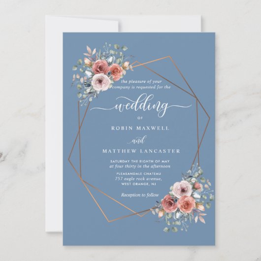 Dusty Blue Blissful Floral Geometrical Wedding Kaart (Voorkant)