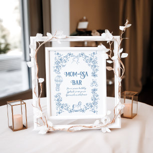 Dusty Blue Bloemen Baby shower Mom-osa Bar Poster
