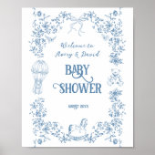 Dusty Blue  Bloemen Baby shower welkom Poster (Voorkant)