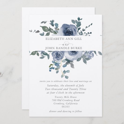 Dusty Blue Bloemen en Grijs Bruiloft Uitnodiging (Voorkant / Achterkant)