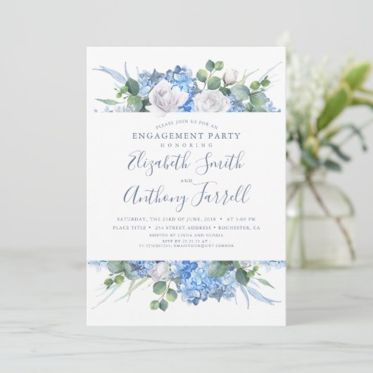 Dusty Blue Bloemen Groen Verlovingsfeest Kaart (Staand voorkant)