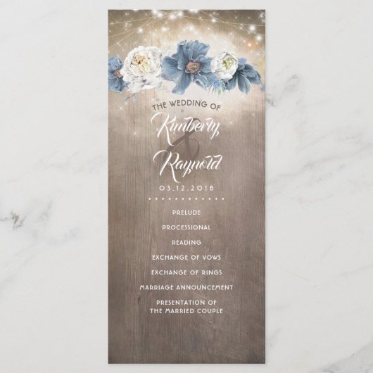 Dusty Blue Bloemen Rustieke Land Bruiloft Programm Programmakaart (Voorkant)
