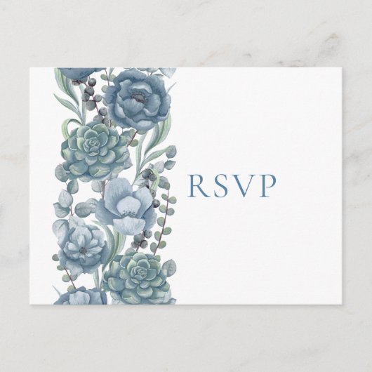Dusty Blue Bloemen Succulenten Bruiloft RSVP Uitnodiging Briefkaart (Voorkant)