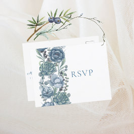 Dusty Blue Bloemen Succulenten Bruiloft RSVP Uitnodiging Briefkaart