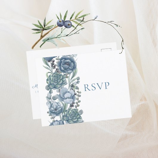 Dusty Blue Bloemen Succulenten Bruiloft RSVP Uitnodiging Briefkaart