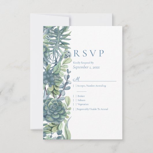 Dusty Blue Bloemen Succulenten RSVP Bruiloft (Voorkant)