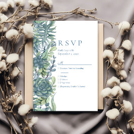 Dusty Blue Bloemen Succulenten RSVP Bruiloft