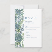 Dusty Blue Bloemen Succulenten RSVP Bruiloft Kaartje (Voorkant)