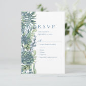 Dusty Blue Bloemen Succulenten RSVP Bruiloft Kaartje (Staand voorkant)