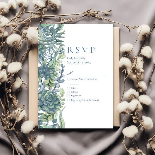 Dusty Blue Bloemen Succulenten RSVP Bruiloft Kaartje