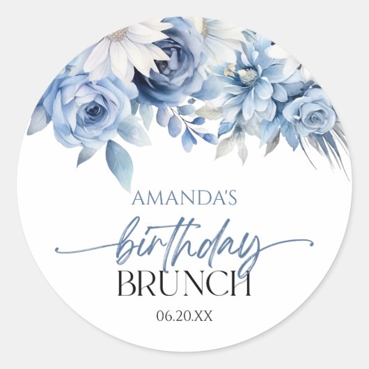 Dusty Blue Bloemen Verjaardag Brunch Party Ronde Sticker (Voorkant)