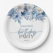 Dusty Blue Bloemen Verjaardagsfeest Papieren Bordje (Voorkant)