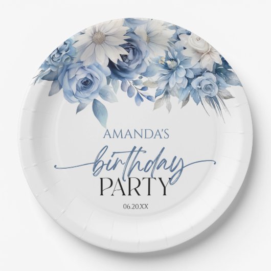 Dusty Blue Bloemen Verjaardagsfeest Papieren Bordje (Voorkant)