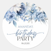 Dusty Blue Bloemen Verjaardagsfeest Ronde Sticker (Voorkant)