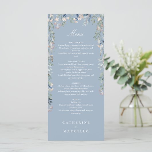 Dusty Blue Bloemen Wildbloemen Bruiloft Diner Menu (Staand voorkant)
