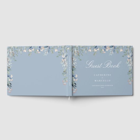Dusty Blue Bloemen Wildbloemen Cascade Bruiloft Gastenboek (Volledig)