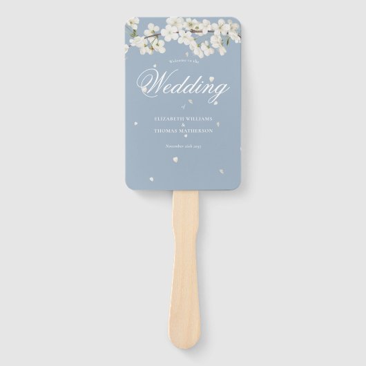 Dusty Blue Bloemen Wit Bloesem Bruiloft Programma Handwaaier (Voorkant)