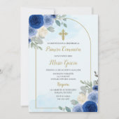 Dusty blue bloemeneerste communie Uitnodiging (Voorkant)