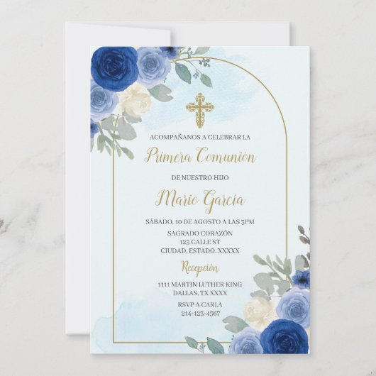 Dusty blue bloemeneerste communie Uitnodiging (Voorkant)