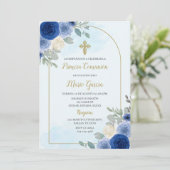 Dusty blue bloemeneerste communie Uitnodiging (Staand voorkant)