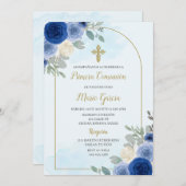 Dusty blue bloemeneerste communie Uitnodiging (Voorkant / Achterkant)